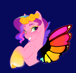 Size: 1410x1351 | Tagged: safe, artist:aztrial, pipp petals, pegasus, pony, bridlewoodstock (make your mark), g5, my little pony: make your mark, my little pony: make your mark chapter 4, adorapipp, blue background, blushing, butterfly wings, colored wings, cute, dark blue background, female, floral head wreath, flower, grin, lidded eyes, mare, multicolored wings, rainbow wings, simple background, smiling, solo, unitober 2024, wings