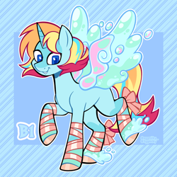 Size: 3000x3000 | Tagged: safe, artist:3ggmilky, part of a set, oc, oc only, pony, unicorn, g4, adoptable, artificial wings, augmented, ballet slippers, blank flank, blue coat, blue eyes, blue text, bushy tail, coat markings, colored hooves, colored horn, crossover fusion, ethereal fetlocks, female, female oc, fusion:lapis lazuli, fusion:sunset shimmer, gradient legs, gradient mane, gradient tail, high res, hooves, horn, leg markings, looking down, magic, magic wings, mare, mare oc, multicolored mane, multicolored tail, orange hooves, outline, passepartout, raised hoof, raised leg, shiny hooves, short mane, signature, smiling, socks (coat markings), solo, standing, standing on two hooves, steven universe, striped background, striped mane, striped tail, tail, three quarter view, unicorn horn, unicorn oc, watery wings, wings