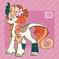 Size: 3000x3000 | Tagged: safe, artist:3ggmilky, part of a set, oc, oc only, kirin, g4, adoptable, braid, braided pigtails, brown hooves, cloven hooves, colored eyebrows, colored eyelashes, colored hooves, colored pupils, cookie run, cookie run kingdom, cream coat, crossover fusion, eye markings, female, female oc, flower, flower in hair, fusion:autumn blaze, fusion:white lily cookie, gradient mane, gradient tail, green eyelashes, high res, hooves, leg fluff, leg wraps, leonine tail, lidded eyes, lily (flower), long mane, long tail, not autumn blaze, orange mane, orange tail, outline, passepartout, pigtails, pink text, profile, red eyes, red pupils, signature, smiling, solo, sparkles, sparkly mane, sparkly tail, standing, striped background, tail, thick horn, tied mane, vine