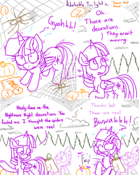 Size: 4779x6013 | Tagged: safe, artist:adorkabletwilightandfriends, spike, twilight sparkle, alicorn, spider, comic:adorkable twilight and friends, g4, adorkable, adorkable twilight, arachnophobia, bag, chest fluff, cloud, cloudy, comic, cute, decoration, dork, emanata, floppy ears, groceries, halloween, high angle, holiday, mat, nightmare night, overcast, perspective, pumpkin, scared, silly, slice of life, spider web, spooky, sweat, sweatdrop, twiabetes, twilight sparkle (alicorn)