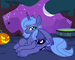 Size: 2500x2000 | Tagged: safe, artist:zeka10000, princess luna, alicorn, pony, spider, mlp fim's fourteenth anniversary, g4, both cutie marks, butt, dock, featureless crotch, female, halloween, high res, holiday, jack-o-lantern, looking at you, lying down, mare, moon, night, night sky, nightmare night, on side, outdoors, plot, ponyville, pumpkin, s1 luna, scenery, sky, solo, spider web, spread wings, stars, tail, tree, underhoof, vector, wings