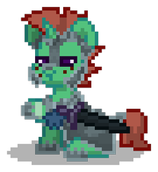 Size: 270x294 | Tagged: safe, oc, oc only, oc:gloaming ray, pony, unicorn, pony town, g4, armor, brown hair, brown mane, brown tail, digital art, freckles, green coat, horn, male, pixel art, purple eyes, raised hoof, royal guard, simple background, sitting, solo, stallion, sword, tail, transparent background, unicorn oc, weapon