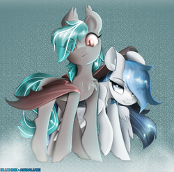 Size: 1800x1784 | Tagged: safe, artist:andaluce, artist:blue ink, oc, oc only, oc:haze northfleet, oc:malachite cluster, bat pony, pegasus, pony, abstract background, chest fluff, couple, cute, duo, ear fluff, female, looking at you, male, mare, ocbetes, stallion