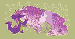 Size: 2378x1256 | Tagged: safe, artist:k-eilonwy, master kenbroath gilspotten heathspike, wysteria, dragon, earth pony, pony, g3, abstract background, coat markings, colored hooves, cute, duo, duo male and female, eyes closed, female, flower, flower in hair, flower in tail, forehead kiss, gradient mane, gradient tail, green background, hoers, hooves, kissing, male, pinto, raised hoof, simple background, tail, wisteria