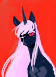 Size: 861x1172 | Tagged: safe, artist:beyhr, oc, oc only, oc:holy nightmare, oc:holy steel, alicorn, pony, bust, chest marking, heart, heart mark, horn, looking at you, nightmarified, nonbinary, nonbinary oc, red background, red eyes, simple background, solo, tall, unicorn horn