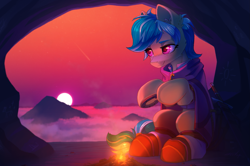 Size: 2427x1613 | Tagged: safe, artist:dipfanken, oc, oc only, earth pony, pony, campfire, cave, cloak, clothes, cloud, colored eyebrows, cozy, ear fluff, facial freckles, fog, freckles, gradient sky, gray coat, horseshoes, magenta eyes, mountain, shirt, shooting star, sitting, smiling, solo, stars, sunset, sword, tail, two toned mane, two toned tail, weapon