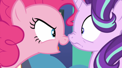 Size: 1920x1080 | Tagged: safe, screencap, pinkie pie, starlight glimmer, pony, g4, my little pony: friendship is magic, the maud couple, boop, duo, duo female, female, nose wrinkle, noseboop