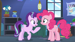 Size: 1920x1080 | Tagged: safe, screencap, pinkie pie, starlight glimmer, earth pony, unicorn, g4, the maud couple, bed, duo, duo female, female, horn, kite, mirror, standing, starlight's room, twilight's castle