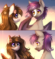 Size: 1990x2142 | Tagged: safe, artist:avrameow, oc, oc only, bat pony, pegasus, pony, bat pony oc, commission, duo, duo male and female, female, flower, flower in hair, looking at each other, looking at someone, male, outdoors, pegasus oc, ych result