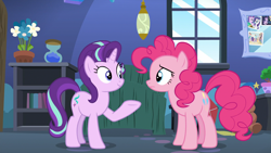 Size: 1920x1080 | Tagged: safe, screencap, pinkie pie, starlight glimmer, earth pony, unicorn, g4, the maud couple, bed, duo, duo female, female, horn, kite, mirror, standing, starlight's room, twilight's castle