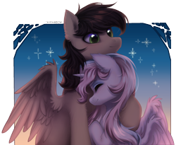 Size: 1996x1638 | Tagged: safe, artist:avrameow, oc, oc only, pegasus, pony, unicorn, commission, duo, horn, outdoors, pegasus oc, unicorn oc, ych result