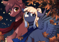 Size: 2790x1990 | Tagged: safe, artist:avrameow, oc, oc only, oc:kimono silk, oc:meteor glow, pegasus, pony, clothes, commission, duo, duo male and female, female, leaves, male, outdoors, pegasus oc, scarf, ych result