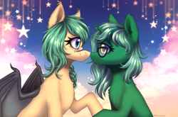 Size: 2600x1715 | Tagged: safe, artist:avrameow, oc, oc only, bat pony, pony, unicorn, bat pony oc, commission, duo, horn, outdoors, unicorn oc, ych result