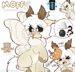 Size: 822x800 | Tagged: safe, artist:stablegrass, oc, oc:teeb, fly, insect, moth, mothpony, original species, antennae, black sclera, chest fluff, ear fluff, ears back, female, heart, lamp, mare, markings, pointing, raised hoof, reference sheet, teary eyes, tongue out, unshorn fetlocks, white pupils, wings