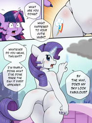 Size: 1500x2000 | Tagged: safe, artist:vavacung, rarity, twilight sparkle, dragon, kobold, anthro, comic:kobold twilight, g4, magical mystery cure, my little pony: friendship is magic, alternate scenario, ass, blood, butt, butt blush, comic, cutie mark swap, dragonified, featureless crotch, female, furry, glowing, glowing horn, horn, implied transformation, open mouth, rainbow dash's cutie mark, rearity, species swap, speech bubble, spell gone wrong, sweat, sweatdrop