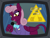 Size: 3021x2314 | Tagged: safe, artist:badumsquish, derpibooru exclusive, the sphinx, pony, sphinx, g4, alternate timeline, bowtie, clothes, crt, exclamation point, fangs, female, folded wings, gameshow, happy, holding, logo, looking at you, mare, microphone, missing accessory, open mouth, open smile, paw pads, paws, pocket square, pyramid, question mark, sharp teeth, show accurate, smiling, solo, suit, talking, teeth, television, two toned coat, wings