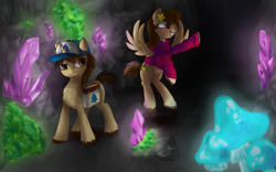 Size: 1729x1080 | Tagged: safe, artist:flower9898, pegasus, pony, unicorn, bag, bioluminescent, book, brother and sister, cap, cave, clothes, colt, crossover, crystal, digital art, dipper pines, duo, duo male and female, exploring, female, filly, flying, foal, freckles, frown, gravity falls, grin, hat, headband, horn, mabel pines, male, moss, mushroom, mystery twins, ponified, raised hoof, saddle bag, siblings, smiling, spread wings, sweater, twins, unshorn fetlocks, wings