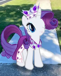 Size: 1781x2208 | Tagged: safe, gameloft, princess platinum, rarity, pony, unicorn, g4, hearth's warming eve (episode), my little pony: friendship is magic, clothes, crown, dress, female, horn, irl, jewelry, mare, outdoors, photo, regalia, wardrobe misuse