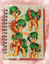 Size: 2244x2944 | Tagged: safe, artist:dariarchangel, part of a set, oc, oc only, pegasus, pony, g4, adorable face, balloon, coat markings, commission, curly hair, curly mane, curly tail, cute, cute face, cute smile, doodle page, female, female oc, floppy ears, flower, flying, folded wings, food, green eyes, green hair, green mane, green tail, happy, jewelry, looking up, mare, necklace, ocbetes, open mouth, open smile, orange, orange coat, pegasus oc, photo, pony oc, raised hoof, short hair, short mane, sketch, sketch dump, sketchbook, smiling, solo, spread arms, standing on three hooves, surprised, surprised face, tail, traditional art, wings