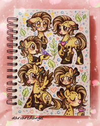 Size: 2248x2836 | Tagged: safe, artist:dariarchangel, part of a set, oc, bird, earth pony, pegasus, pony, g4, adorable face, blaze (coat marking), bust, coat markings, colored wings, commission, cup, cute, cute face, cute smile, doodle page, earth pony oc, eyes closed, facial markings, feather, feathers in hair, female, female oc, floppy ears, heart, jewelry, leaf, leaves, looking at someone, looking up, mare, necklace, ocbetes, pegasus oc, pegasus wings, photo, pony oc, portrait, race swap, raised hoof, scared, short hair, short mane, short tail, shy, shy smile, singing, sitting, sketch, sketch dump, sketchbook, smiling, solo, spots, spread wings, standing, standing on three hooves, tail, teacup, traditional art, two toned hair, two toned mane, two toned tail, two toned wings, wings