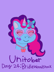 Size: 1080x1440 | Tagged: safe, artist:shucku, misty brightdawn, pony, unicorn, g5, alternate hair color, bridlewoodstock, eyeshadow, face paint, female, flower, flower in hair, glasses, horn, jewelry, makeup, mare, necklace, rebirth misty, simple background, solo, sunglasses, unitober 2024