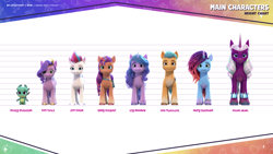 Size: 2304x1296 | Tagged: safe, hitch trailblazer, izzy moonbow, misty brightdawn, opaline arcana, pipp petals, sparky sparkeroni, sunny starscout, zipp storm, alicorn, dragon, earth pony, pegasus, pony, unicorn, g5, my little pony: make your mark, official, 3d, diverse body types, female, g5 brand assets, height difference, hitch is tall, horn, izzy is tol, male, mane five, mane seven (g5), mane six (g5), mane stripe sunny, mare, misty is tall, physique difference, pipp is short, pipp is smol, rebirth misty, royal sisters (g5), short, siblings, sisters, size chart, size comparison, smol, stallion, sunny's bag, tall