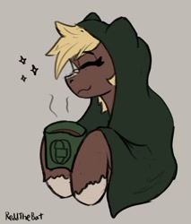 Size: 964x1134 | Tagged: safe, artist:reddthebat, earth pony, pony, blanket, bundled up, bust, coffee, cute, drink, eyes closed, female, gray background, hoof hold, mare, mug, ponified, sergeant reckless, signature, simple background, smiling, solo, unshorn fetlocks