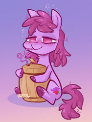 Size: 1650x2200 | Tagged: safe, artist:kazunekomori, berry punch, berryshine, earth pony, pony, g4, barrel, blushing, crazy straw, drunk, female, gradient background, mare, smiling, solo, underhoof