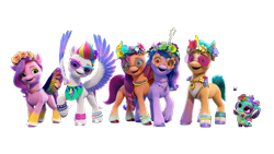 Size: 12598x7086 | Tagged: safe, hitch trailblazer, izzy moonbow, pipp petals, sparky sparkeroni, sunny starscout, zipp storm, dragon, earth pony, pegasus, pony, unicorn, bridlewoodstock (make your mark), g5, my little pony: make your mark, my little pony: make your mark chapter 4, official, 3d, absurd file size, bridlewoodstock, female, g5 brand assets, horn, male, mane five, mane stripe sunny, mare, royal sisters (g5), siblings, simple background, sisters, stallion, transparent background