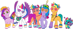 Size: 10169x4072 | Tagged: safe, hitch trailblazer, izzy moonbow, pipp petals, sparky sparkeroni, sunny starscout, zipp storm, dragon, earth pony, pegasus, pony, unicorn, bridlewoodstock (make your mark), g5, my little pony: make your mark, my little pony: make your mark chapter 4, official, .ai available, bridlewoodstock, colored, diverse body types, female, flat colors, g5 brand assets, height difference, horn, male, mane five, mane stripe sunny, mare, physique difference, pipp is short, royal sisters (g5), siblings, simple background, sisters, spread wings, stallion, transparent background, vector, wings