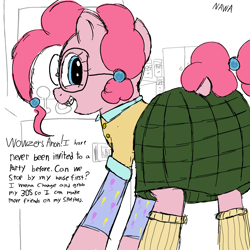 Size: 2000x2000 | Tagged: safe, artist:notawriteranon, pinkie pie, earth pony, pony, g4, alternate universe, arcade, clothes, female, glasses, implied anon, mare, nerd, socks, solo