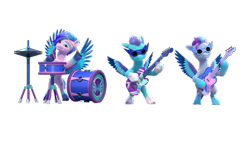 Size: 12598x7086 | Tagged: safe, arpeggia, fretlock, jam donut, pegasus, pony, bridlewoodstock (make your mark), g5, my little pony: make your mark, my little pony: make your mark chapter 4, official, 3d, absurd file size, absurd resolution, bipedal, bridlewoodstock, drums, electric blue (g5), g5 brand assets, guitar, male, musical instrument, simple background, stallion, transparent background, trio