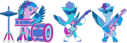 Size: 13030x4437 | Tagged: safe, arpeggia, fretlock, jam donut, pegasus, pony, bridlewoodstock (make your mark), g5, my little pony: make your mark, my little pony: make your mark chapter 4, official, .ai available, absurd resolution, bipedal, bridlewoodstock, colored, drums, electric blue (g5), flat colors, g5 brand assets, guitar, male, musical instrument, simple background, stallion, transparent background, trio, vector