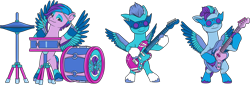 Size: 13030x4437 | Tagged: safe, arpeggia, fretlock, jam donut, pegasus, pony, bridlewoodstock (make your mark), g5, my little pony: make your mark, my little pony: make your mark chapter 4, official, .ai available, absurd resolution, bipedal, bridlewoodstock, colored, drums, electric blue (g5), flat colors, g5 brand assets, guitar, male, musical instrument, simple background, stallion, transparent background, trio, vector