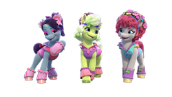 Size: 12598x7086 | Tagged: safe, blue belle (g5), minty (g5), snuzzle (g5), earth pony, pony, bridlewoodstock (make your mark), g5, my little pony: make your mark, my little pony: make your mark chapter 4, official, 3d, absurd file size, bridlewoodstock, dreamlands, female, g5 brand assets, mare, simple background, transparent background, trio, trio female