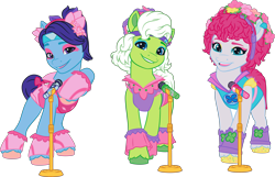 Size: 6215x3992 | Tagged: safe, blue belle (g5), minty (g5), snuzzle (g5), earth pony, pony, bridlewoodstock (make your mark), g5, my little pony: make your mark, my little pony: make your mark chapter 4, official, .ai available, bridlewoodstock, colored, dreamlands, female, flat colors, g5 brand assets, mare, simple background, transparent background, trio, trio female, vector