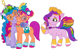 Size: 6007x3764 | Tagged: safe, izzy moonbow, pipp petals, sunny starscout, earth pony, pegasus, pony, unicorn, bridlewoodstock (make your mark), g5, my little pony: make your mark, my little pony: make your mark chapter 4, official, .ai available, bridlewoodstock, colored, female, flat colors, g5 brand assets, height difference, horn, mane stripe sunny, mare, physique difference, simple background, slender, thin, transparent background, trio, trio female, vector