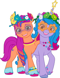 Size: 3130x4079 | Tagged: safe, izzy moonbow, sunny starscout, earth pony, pony, unicorn, bridlewoodstock (make your mark), g5, my little pony: make your mark, my little pony: make your mark chapter 4, official, .ai available, bridlewoodstock, colored, concave belly, duo, duo female, female, flat colors, g5 brand assets, horn, hug, mane stripe sunny, mare, physique difference, simple background, slender, thin, transparent background, vector