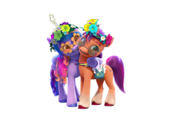 Size: 9840x7086 | Tagged: safe, izzy moonbow, sunny starscout, earth pony, pony, unicorn, bridlewoodstock (make your mark), g5, my little pony: make your mark, my little pony: make your mark chapter 4, official, 3d, bridlewoodstock, duo, duo female, female, g5 brand assets, horn, mane stripe sunny, mare, simple background, transparent background