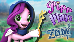 Size: 1920x1080 | Tagged: safe, artist:pika-robo, pipp petals, pegasus, pony, series:pipp plays, g4, g5, 3d, clothes, cosplay, costume, fake thumbnail, female, folded wings, g5 to g4, gamer pipp, generation leap, hood, hoof hold, let's play, looking at you, mare, open mouth, open smile, outdoors, princess zelda, rod, smiling, solo, source filmmaker, the legend of zelda, the legend of zelda: echoes of wisdom, wings, youtube thumbnail