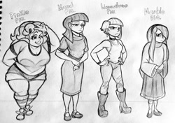 Size: 1024x722 | Tagged: safe, artist:pablosjuarez, limestone pie, marble pie, maud pie, pinkie pie, human, g4, baggy clothing, big breasts, boots, breasts, busty pinkie pie, choker, cleavage, clothes, dress, fat, female, frown, furrowed brow, grayscale, grin, hand on hip, huge breasts, humanized, lidded eyes, looking at you, monochrome, name, one eye closed, peace sign, pencil drawing, pie sisters, pudgy pie, shoes, shorts, siblings, sisters, smiling, smiling at you, socks, striped socks, traditional art, wide hips, wink, winking at you