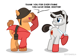 Size: 2000x1455 | Tagged: safe, artist:zeffdakilla, earth pony, pony, unicorn, g4, duo, horn, implied gay, implied shipping, looking at someone, male, medic (tf2), ponified, raised hoof, salute, show accurate, simple background, smiling, soldier (tf2), speech bubble, talking, team fortress 2, vector, white background