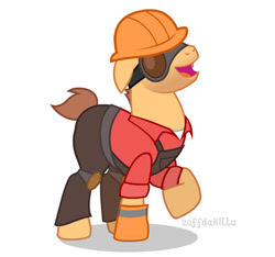 Size: 724x678 | Tagged: safe, artist:zeffdakilla, earth pony, pony, g4, clothes, engineer (tf2), gloves, goggles, helmet, male, overalls, pants, ponified, raised hoof, shirt, show accurate, simple background, smiling, solo, team fortress 2, vector, white background