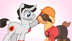 Size: 2545x1454 | Tagged: safe, artist:zeffdakilla, earth pony, pony, unicorn, g4, duo, engineer (tf2), gay, gradient background, horn, looking at each other, looking at someone, male, medic (tf2), non-mlp shipping, ponified, raised hoof, shipping, show accurate, smiling, team fortress 2, vector