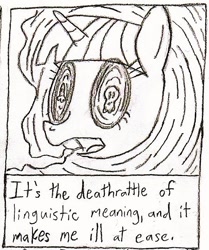 Size: 508x608 | Tagged: safe, artist:horselover fat, twilight sparkle, pony, g4, cropped, dialogue, female, grayscale, horn, mare, monochrome, open mouth, skull, skull eyes, solo, text, traditional art, wingding eyes