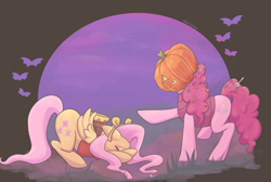 Size: 2048x1379 | Tagged: safe, artist:starryducks, fluttershy, pinkie pie, earth pony, pegasus, pony, g4, candy, candy in hair, clothes, costume, covering eyes, cowering, duo, duo female, female, food, halloween, halloween costume, holiday, honey, jack-o-lantern, mare, outdoors, piglet, pot, pumpkin, winnie the pooh