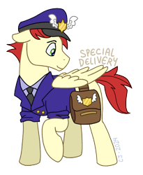 Size: 792x968 | Tagged: safe, artist:raven--splash, care package, special delivery, pegasus, pony, g4, bag, hat, mailpony, mailpony uniform, male, simple background, solo, stallion, transparent background