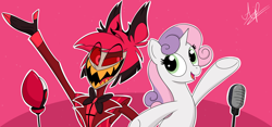 Size: 3200x1500 | Tagged: safe, artist:aldaplayer, sweetie belle, demon, pony, unicorn, g4, alastor, crossover, duo, duo male and female, female, hazbin hotel, hellaverse, horn, male, microphone, open mouth, open smile, sinner demon, smiling