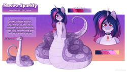 Size: 2900x1630 | Tagged: safe, artist:madelinne, oc, oc only, oc:nostra sparkly, lamia, original species, snake, unicorn, belly, belly button, female, horn, mare, reference sheet, solo, twilight snakle