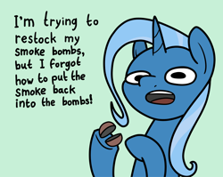 Size: 2048x1631 | Tagged: safe, artist:ewoudcponies, trixie, pony, unicorn, g4, bust, dialogue, female, green background, horn, mare, open mouth, simple background, smoke bomb, solo, talking to viewer